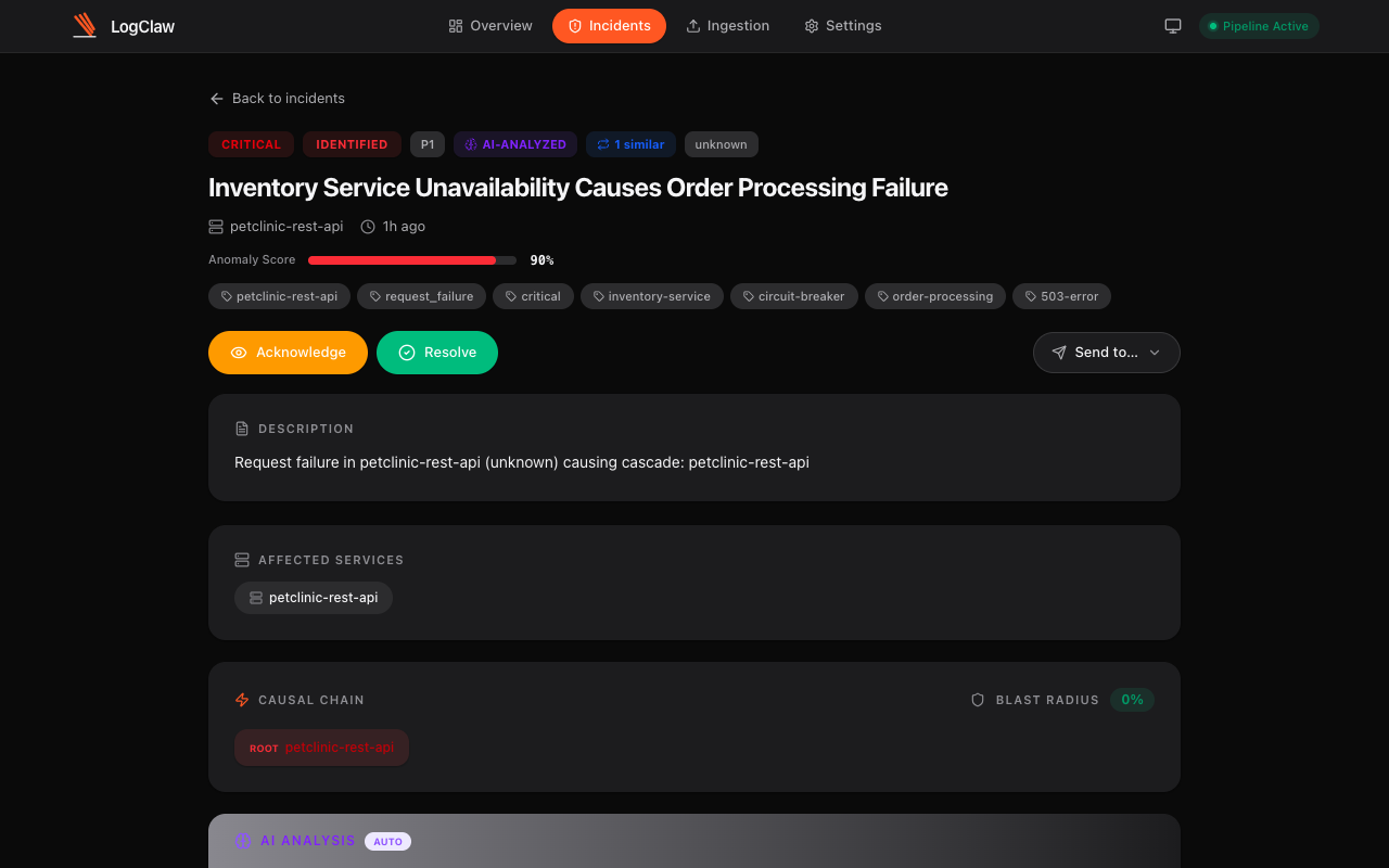 LogClaw incident ticket showing root cause analysis, blast radius, affected services, and severity classification